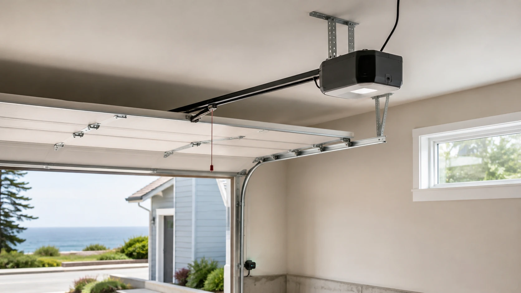 Garage door opener rail and safety sensor hardware above a residential sectional door.